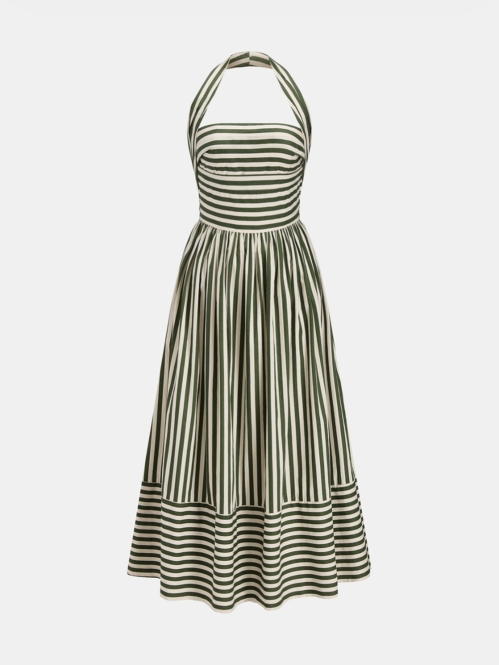 Commense Olive Green and White Striped Halter Midi Dress